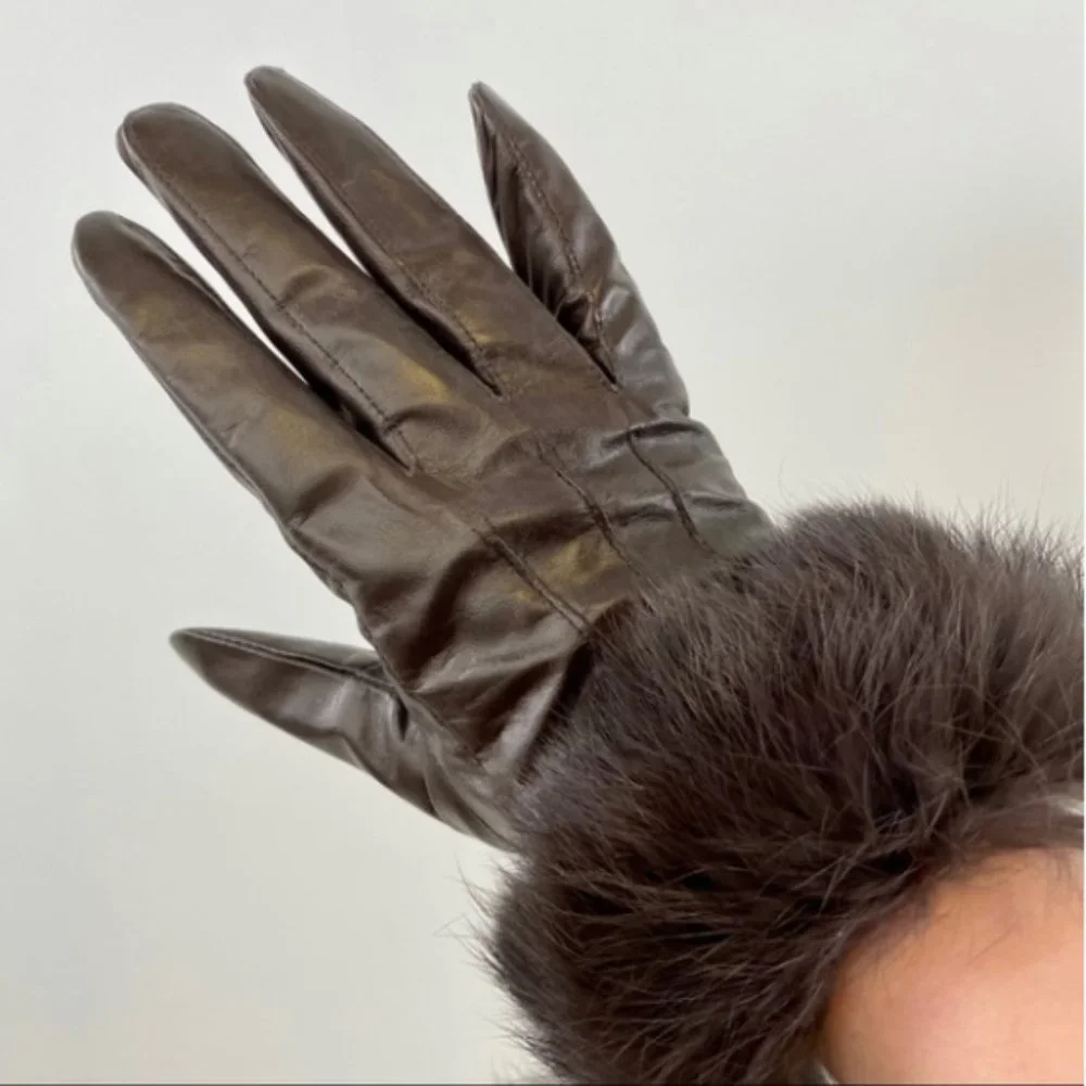 Leather Fur Gloves Large Rabbit Trim Short Brown